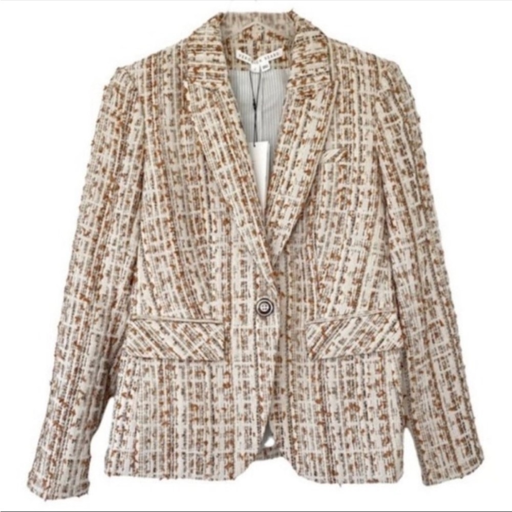 Veronica Beard Cutaway Dickey Jacket Blazer Ivory Cream Tweed One Button